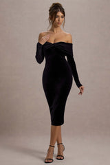 Compliment | Black Velvet Bardot Midi Dress