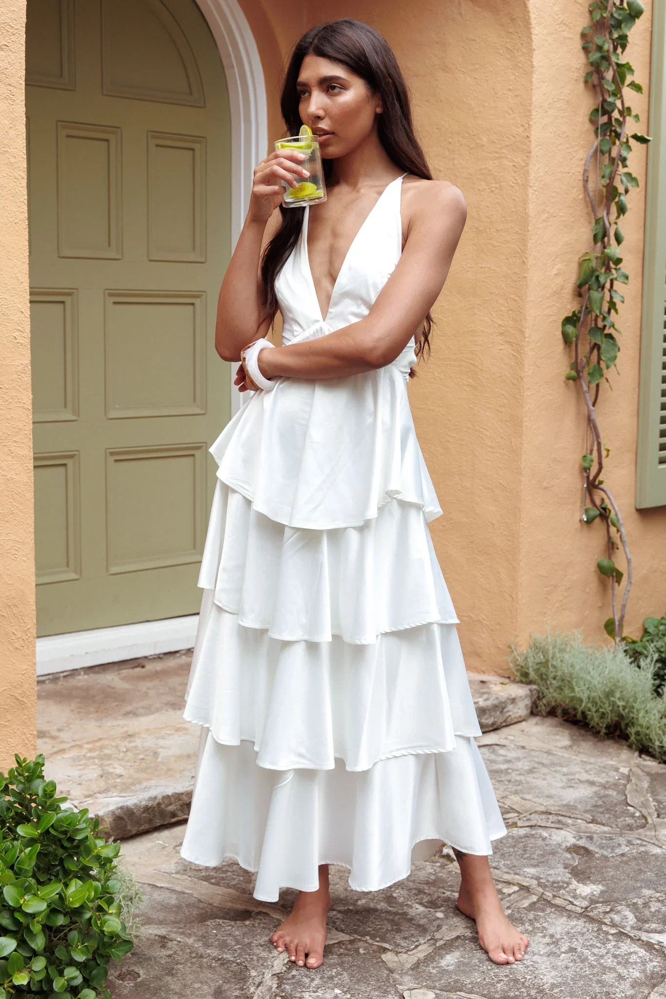Auguste Tiered Frill Strappy Back Dress Ivory