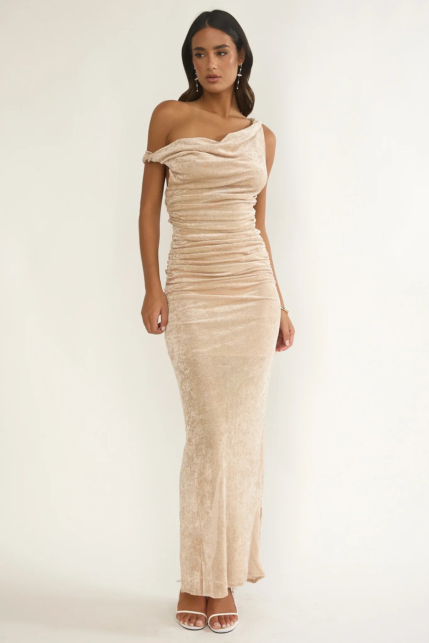 Callen Cowl Ruched Maxi Dress Champagne Silver
