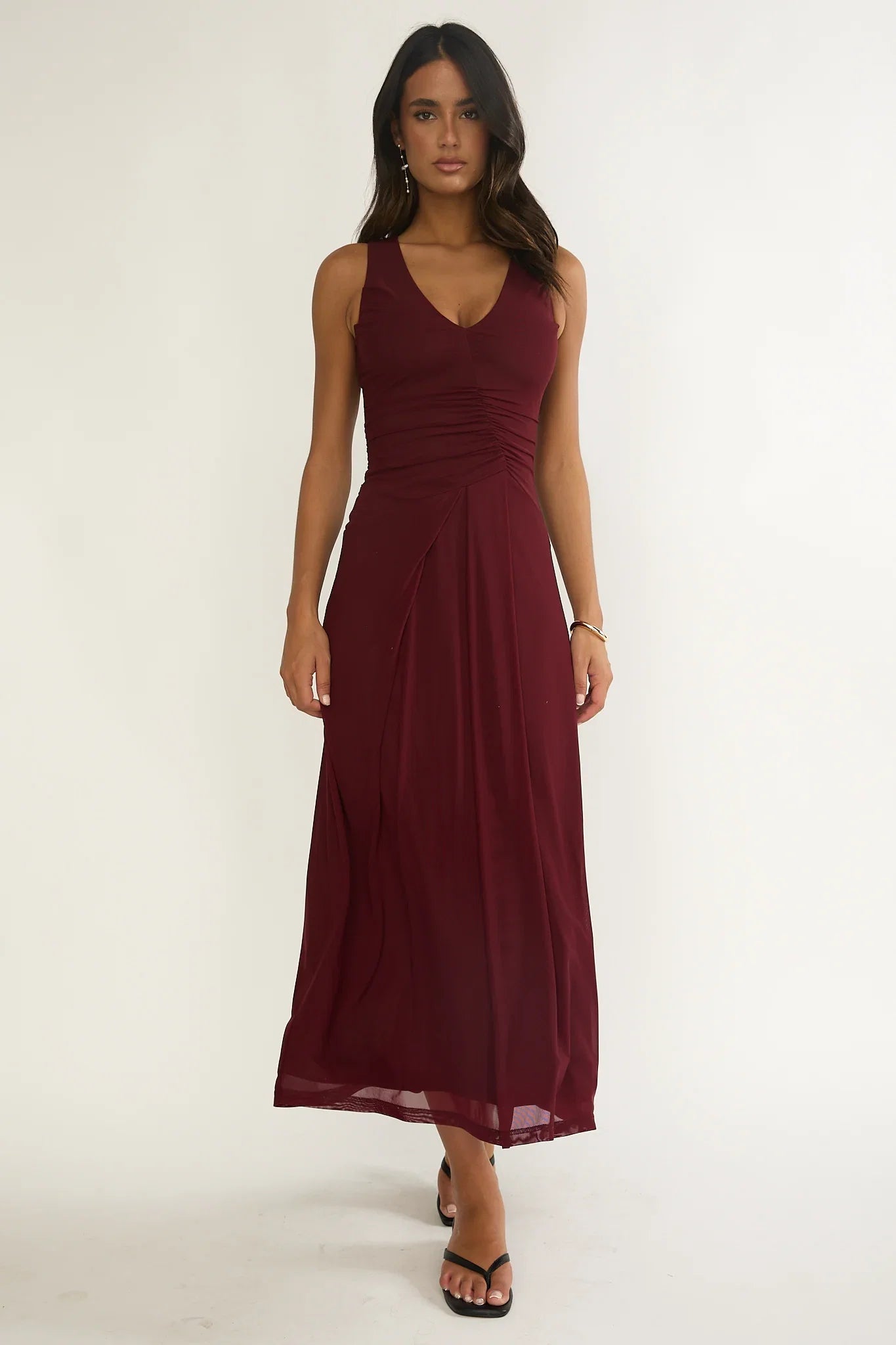 Cambrea Ruched Bodice Midi Dress Burgundy