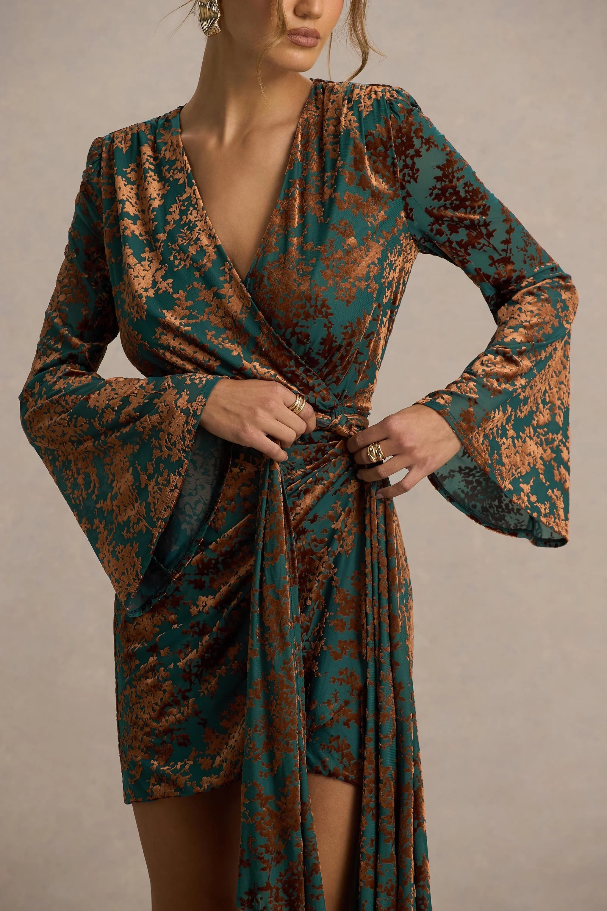 Dimitra | Dark Green And Brown Velvet Devore Plunge-Neck Wrap Mini Dress