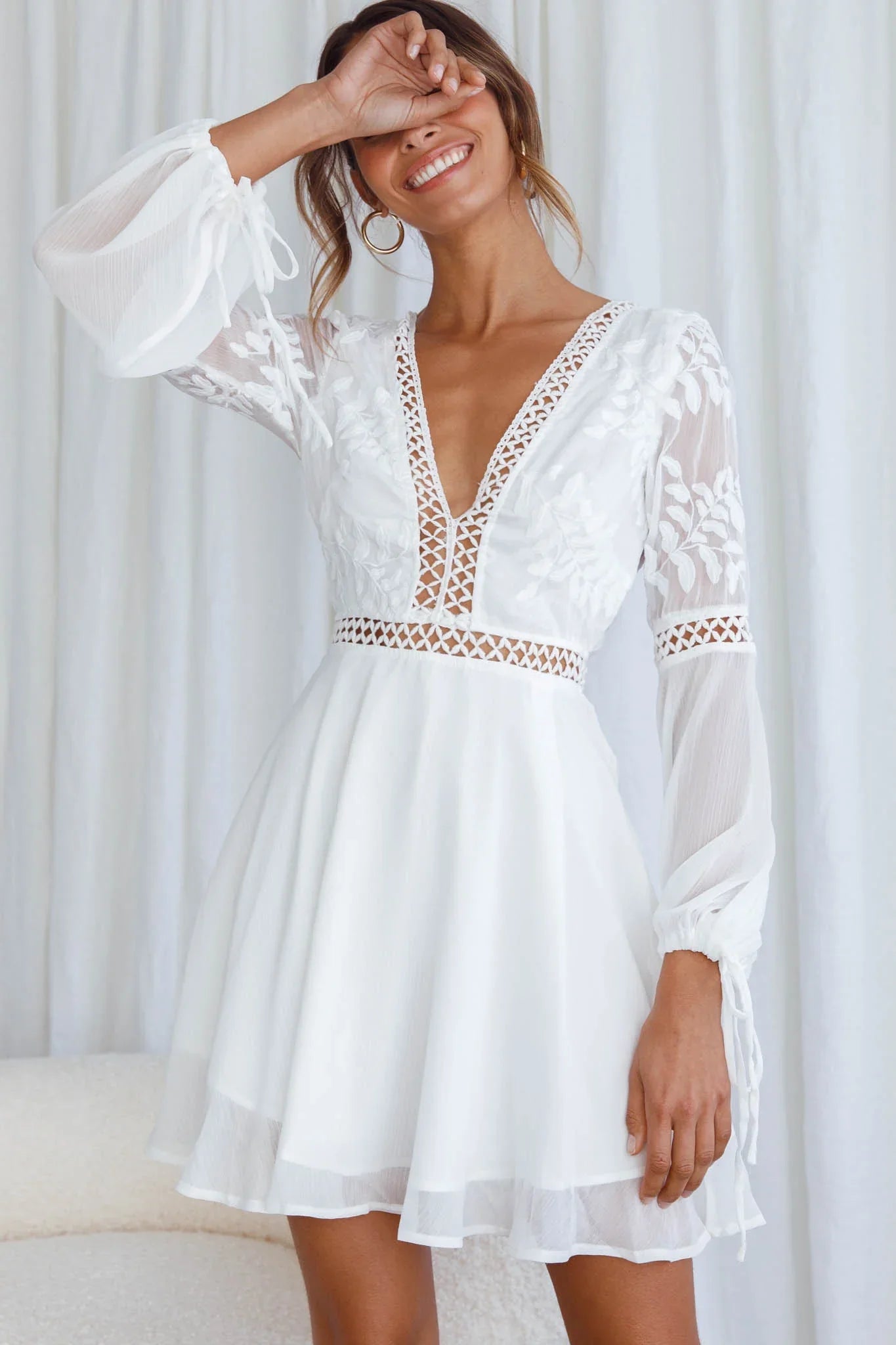 Carson Crochet Bell Sleeve Dress White