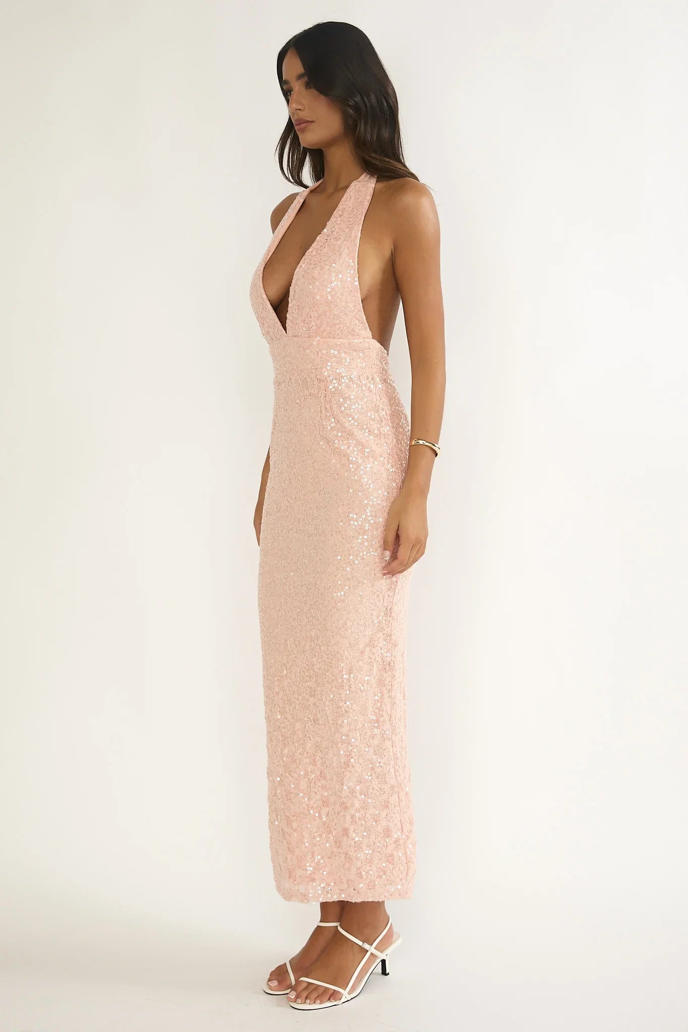 Cipriana Backless Halter Maxi Dress Sequin Pink