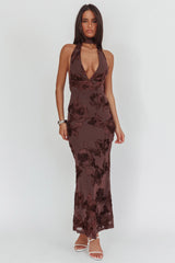 Cipriana Backless Halter Maxi Dress Embellished Brown