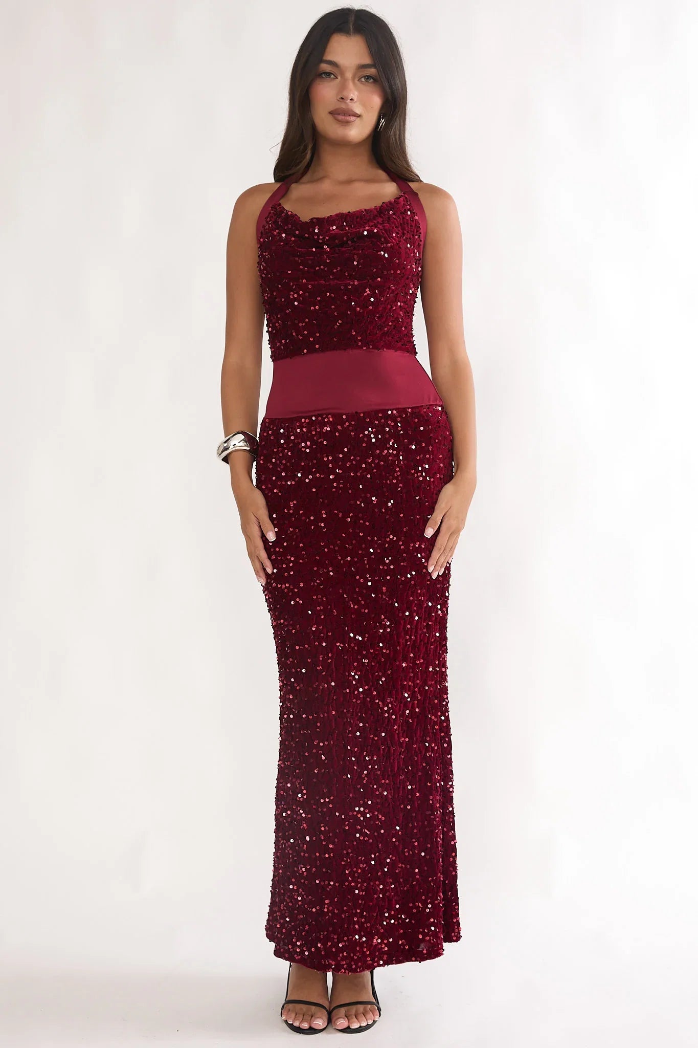 Cabernet Halter Maxi Dress Wine Sequin Wine