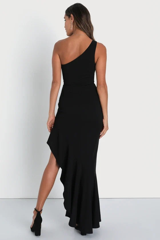 Dramatic Persona Black One-Shoulder Ruffled Maxi Dress