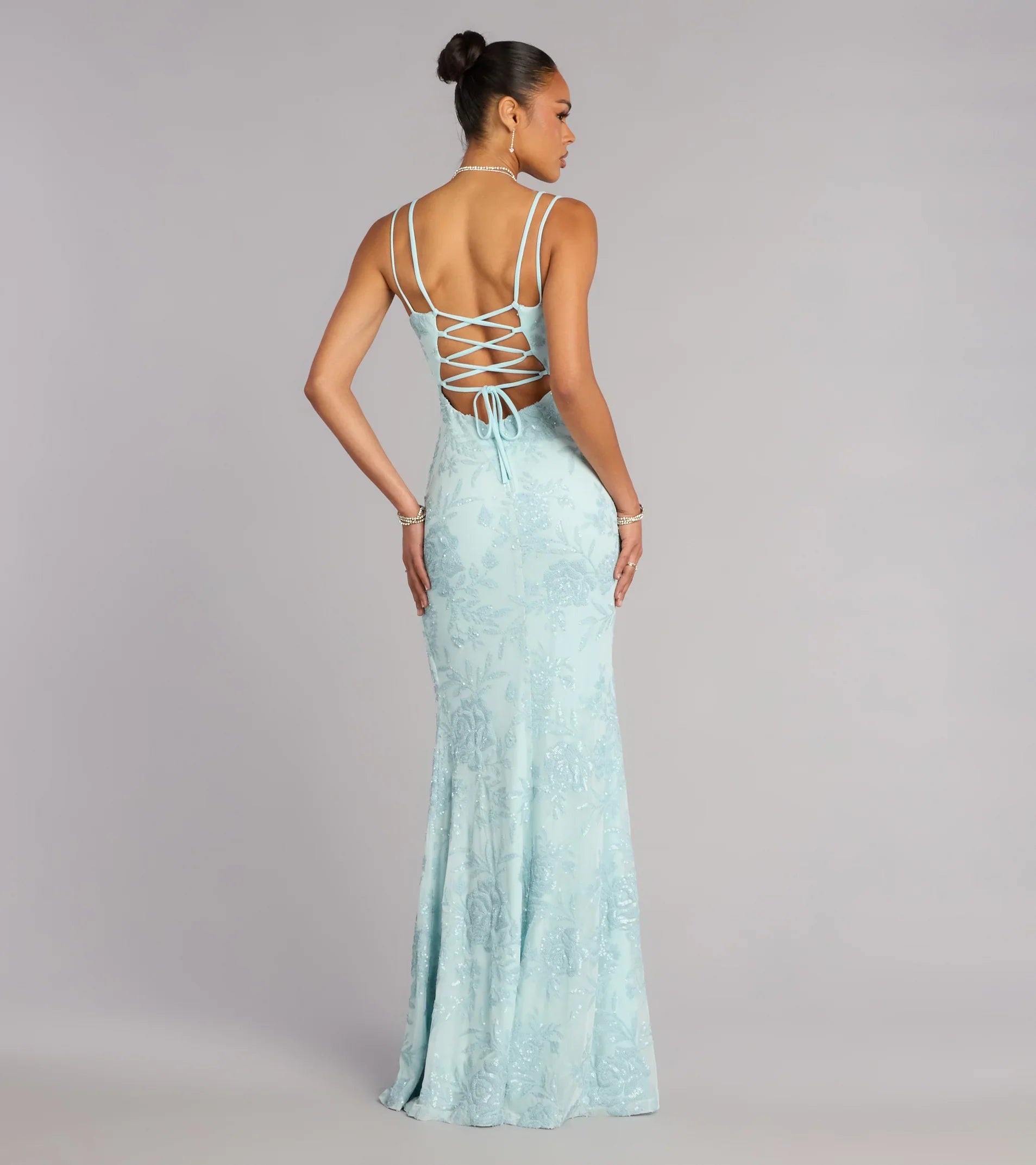 Carla Sequin Lace-Up Formal Dress