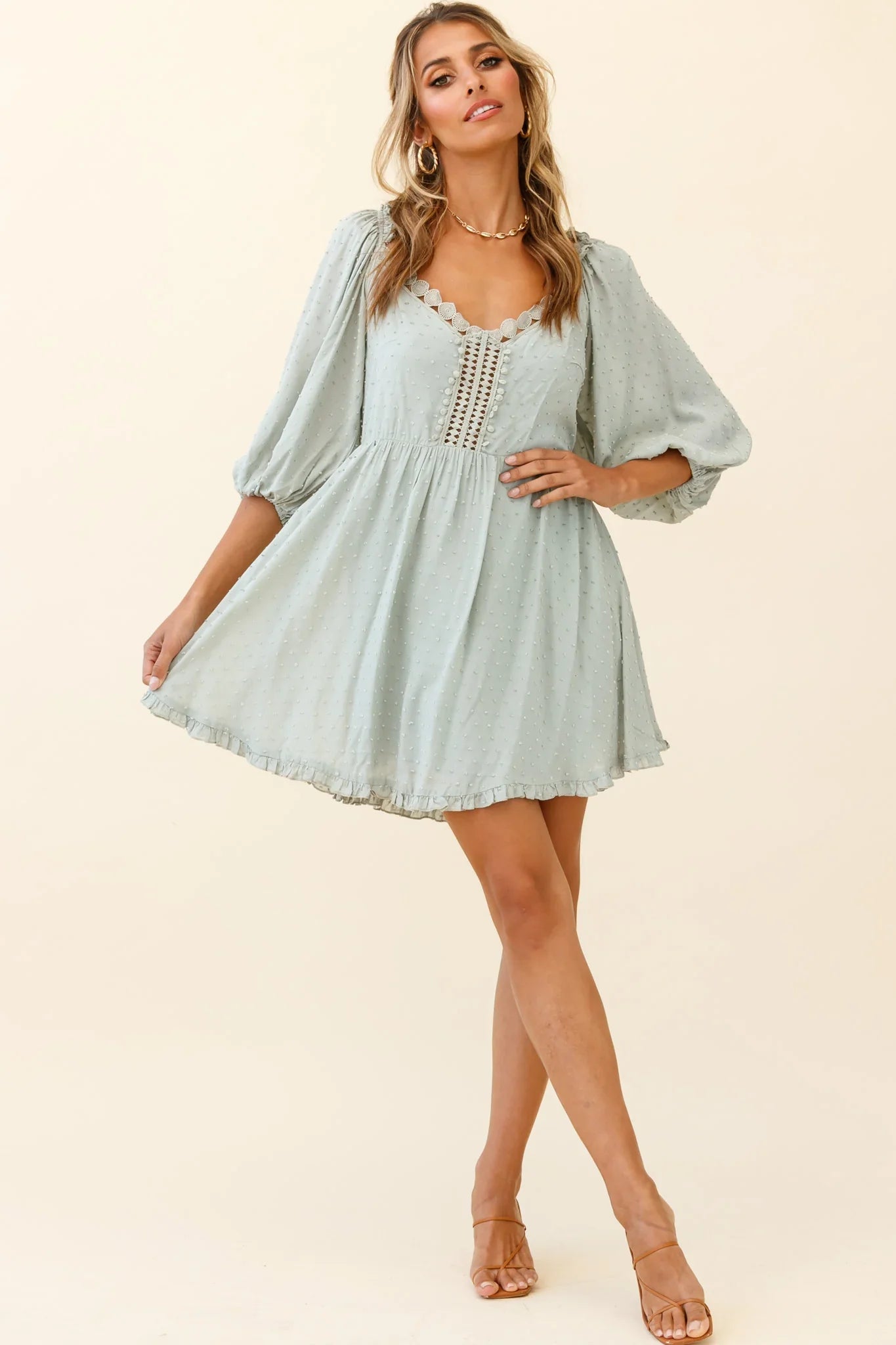 Dream Lover Puff Sleeve Crochet Insert Dress Olive