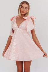 Chantilly Tied Shoulder Jacquard Mini Dress Blush