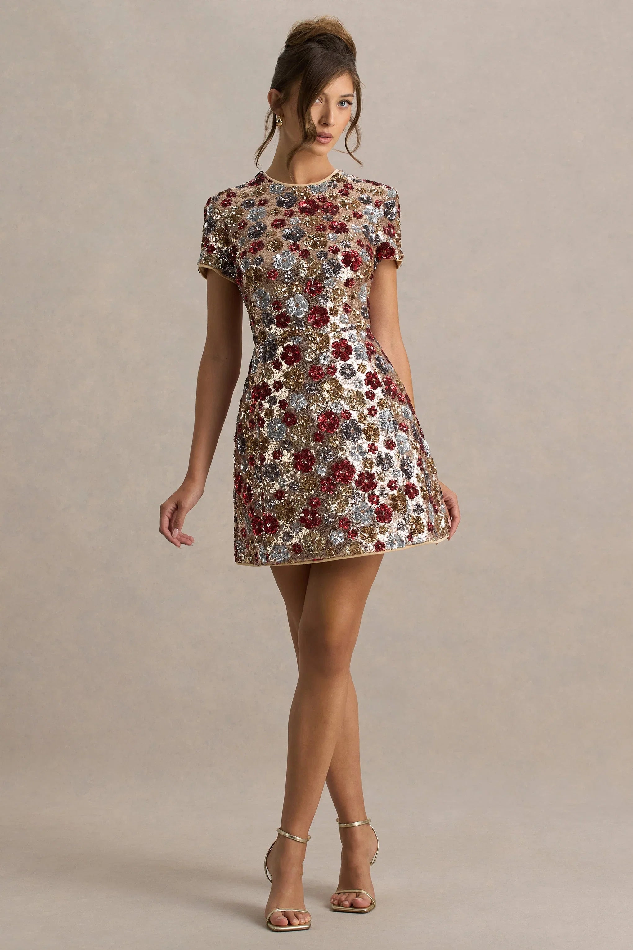 Eira | Red Floral Embellished Sequin Crew-Neck Mini Dress