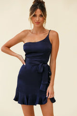 Don't Wait Up One Shoulder Waist Tie Dress Navy