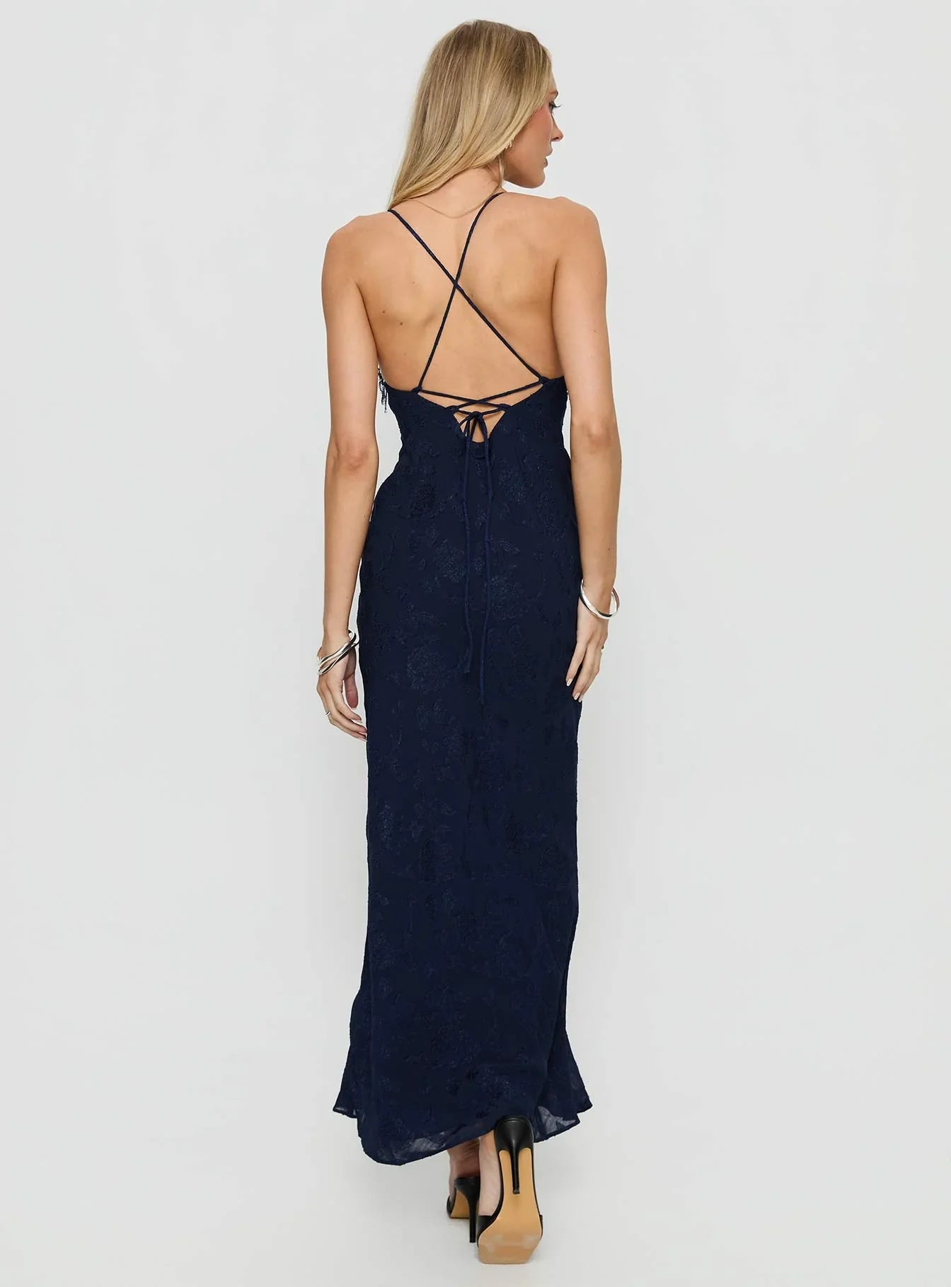 Alvera Fringe Beaded Maxi Dress Navy