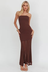 Calluna Strapless Sheer Godet Hem Maxi Dress Chocolate