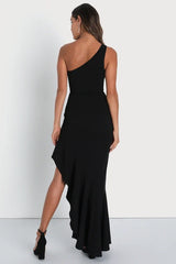 Dramatic Persona Black One-Shoulder Ruffled Maxi Dress