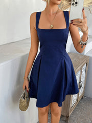 Devine Bow Back Square Neck Mini Dress - Dark Blue